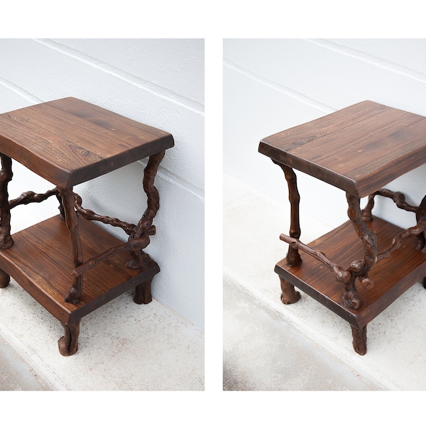 table ceps de vigne et bois vintage, table console, table brutaliste, table pied de vigne, table bois, décoration intérieur, wooden table