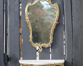 Console and its vintage mirror, brass and marble wall console, rococo style brass mirror, interior decoration