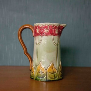 Vintage old earthenware pitcher, French pitcher, Art Nouveau, floral pattern pitcher, kitchen decor, flower pot, jug, 19th century