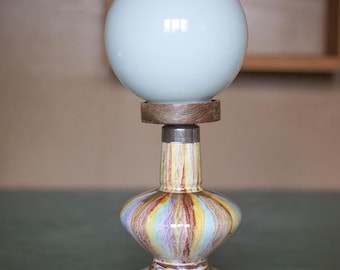 Vintage, table lamp, bedside lamp, table lamp, Portuguese ceramic, wooden globe base, opaline glass lampshade
