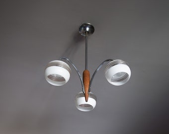 Vintage pendant lamp, art deco pendant lamp, 3-burner lamp, chrome and wood suspension, frosted globe, ceiling lamp, light pendant