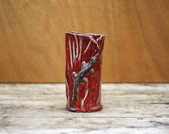 Vintage-Vase, signierte Vase, ochsenblutrote Keramikvase, Eidechsen-Reptil, Blumentopf, Sammlung