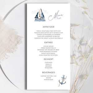 May include: A nautical-themed menu featuring a watercolour illustration of a sailboat. The menu lists appetizers, entrees, desserts, and beverages. The text includes "Menu", "Appetizer", "Entree", "Dessert", and "Beverages".