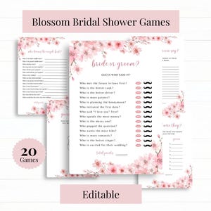 modello modificabile di giochi per bridal shower in fiore, giochi stampabili di fiori di ciliegio, giochi per bridal shower primaverili, giochi di matrimonio floreale rosa