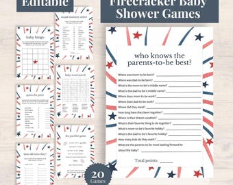 firecracker red white and blue editable games, 4th of July baby shower, fireworks baby shower games, red white and blue editable games