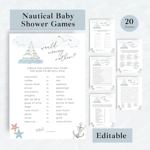 Ohé ! Pack de jeux nautiques pour baby shower | Modèles modifiables | Thème Voile bleu | Téléchargement immédiat, cartes de jeu de voile, fichier carte de 5 x 7 pouces