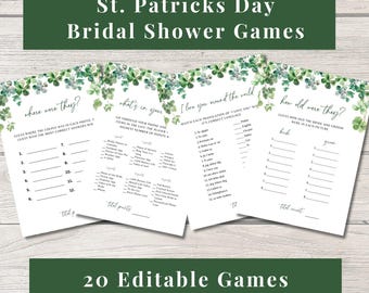 May include: Four white paper bridal shower game cards featuring green watercolour shamrock borders. The cards are titled St. Patricks Day Bridal Shower Games and include Where were they, What's in your, I love you around the world, and How old were they.