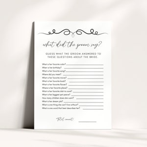 PRINTED What Did The Groom Say Game: Black & White Bridal Shower, Printed and Shipped Cards, Elegant Groom Game