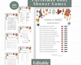 Puede incluir: Un juego de baby shower de Navidad imprimible con un esquema de color rojo, blanco y dorado. El juego se llama "¿Mamá o Papá?" y pide a los invitados que adivinen quién dijo cada frase. El juego incluye una lista de frases y un espacio para que los invitados marquen sus respuestas.