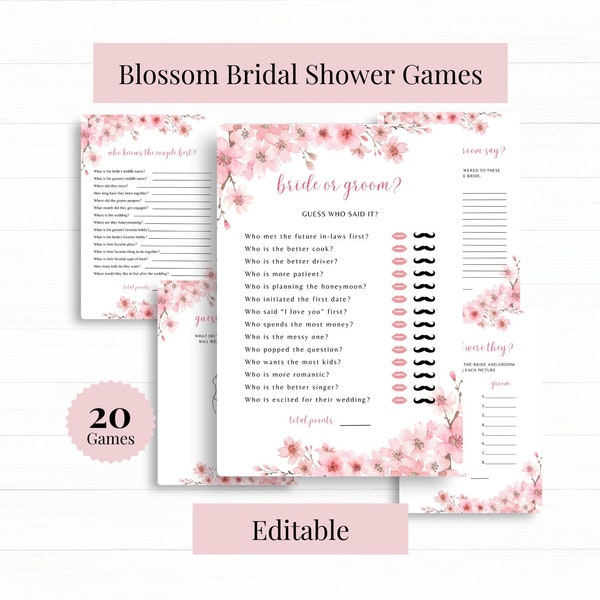 blossom bridal shower games editable template, cherry blossom printable games, spring bridal shower games, pink floral wedding games