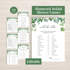 shamrock bridal shower editable games, st patricks day bridal shower games, printable games bundle, green bridal shower games image 1