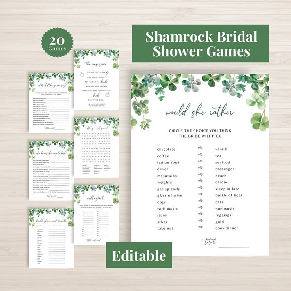 shamrock bridal shower editable games, st patricks day bridal shower games, printable games bundle, green bridal shower games