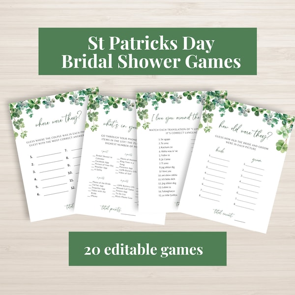 st patricks day bridal shower games, shamrock wedding games, st patricks day bingo game, st pattys editable games, green bridal games bundle