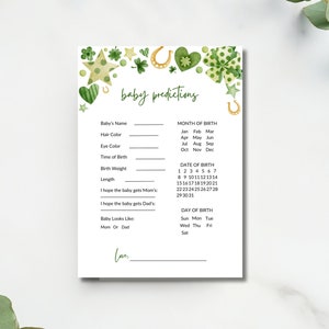 Carte imprimable prédictions de bébé trèfle, jeu de baby shower chanceux, activité de douche de prédictions de bébé trèfle, téléchargement immédiat, carte imprimable
