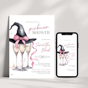 Witchy Halloween Bridal Shower Invitation: Pinkoween Canva Template (Editable Digital Download), Pink Champagne Shower Invite