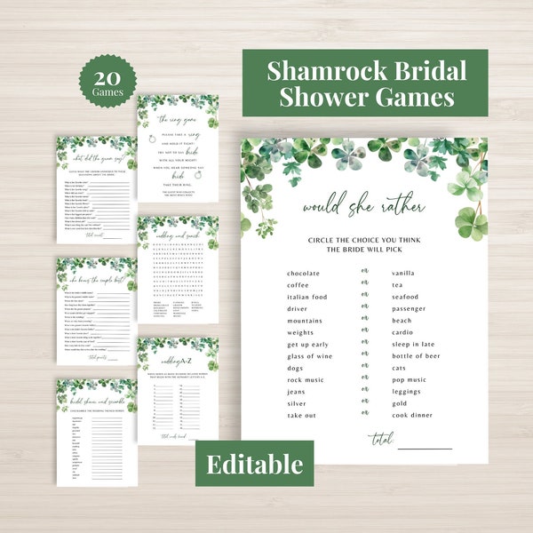 shamrock bridal shower editable games, st patricks day bridal shower games, printable games bundle, green bridal shower games