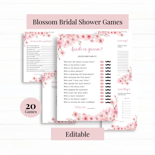 blossom bridal shower games editable template, cherry blossom printable games, spring bridal shower games, pink floral wedding games