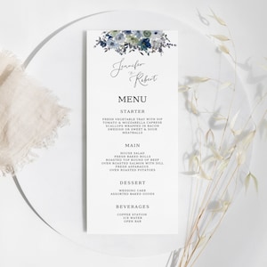 blue wedding menu editable template, blue floral menu template, vintage floral menu, printable menu, editable menu