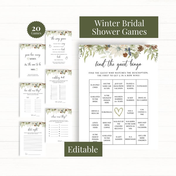 Winter Bridal Shower Games, Bridal Shower Winter Games, Printable Bridal Shower Game, Editable Template, 20 Game Bundle