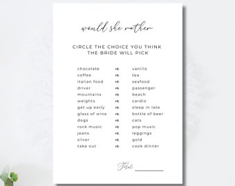 simple would she rather bridal shower printable, modern shower game, would she rather minimalist, simple party game