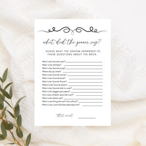 What Did the Groom Say Bridal Shower Game: Black & White Printable (5x7 PDF Download