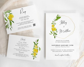 lemon wedding invitation template, citrus wedding editable invitation, summer wedding invitation, lemon wedding template