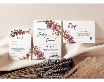 Boho Hochzeitseinladung Set | Pampas Blumenhochzeitseinladungsset | Bearbeitbare Vorlage | Digitaler Download | Boho-Einladung
