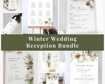 Winter Wedding Reception Template Bundle: Evergreenery, Editable Signs (Canva, Digital Download) Gold Greenery Wedding Bundle