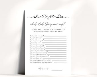 PRINTED What Did The Groom Say Game: Black & White Bridal Shower, Printed and Shipped Cards, Elegant Groom Game