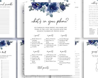 Blue Floral Bridal Shower Games Bundle: 20 Editable Designs (Digital Download), Dark Blue Floral Shower games, Blue floral games bundle