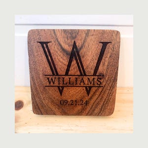 Personalized Acacia Wood Coasters Set of 4 – Custom Engraved Coasters – Wedding Gift for Couple – New Home Gift – Rustic Wood Coaster Set