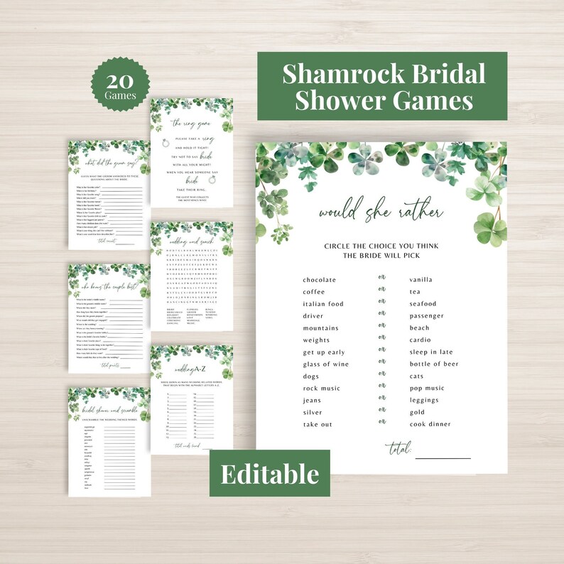 shamrock bridal shower editable games, st patricks day bridal shower games, printable games bundle, green bridal shower games image 1