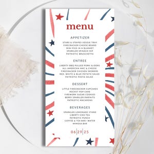 Firecracker Shower Menu Template – Editable 4th of July Red White Blue Party Menu, Instant Download Printable, Summer party menu template
