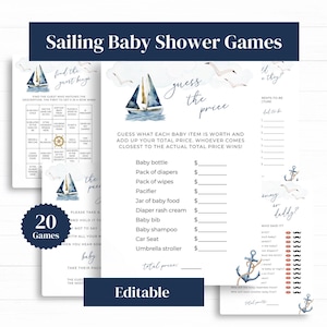 Segelboot-Babyparty-bearbeitbare Spiele, 20 Spiele, Nautische Babyparty-Spiele bündeln, Nautische Babyparty-bedruckbare, Segeln-Babypartyspiele