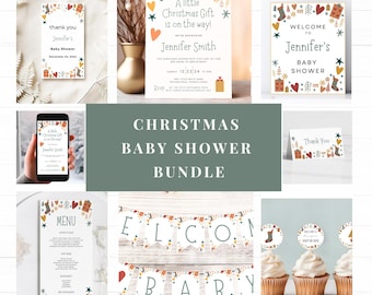 May include: A Christmas baby shower printable bundle featuring a festive red, green and white colour scheme. The bundle includes invitations, thank you cards, a welcome sign, a menu, a banner and cupcake toppers. The text on the invitation reads "A little Christmas Gift is on the way!" and "Jennifer Smith".