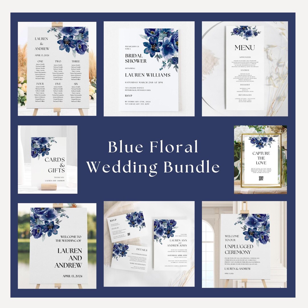 Blu Design Blue Floral Wedding Bundle, Blue Floral Editable Templates Wedding ...