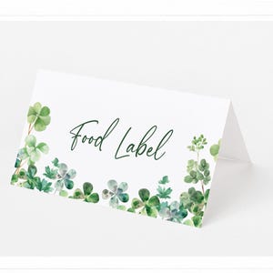 Plantilla de etiqueta de comida con forma de trébol: etiquetas de mesa plegables editables para el Día de San Patricio, etiquetas de buffet con forma de trébol de la suerte, descarga instantánea