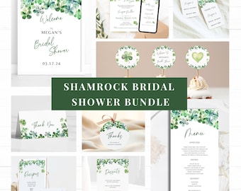May include: A bridal shower stationery bundle featuring watercolour shamrock designs. Includes a welcome sign, invitation, thank you tags, cupcake toppers, place cards, recipe cards, dessert signs, and a menu card with green clover accents.