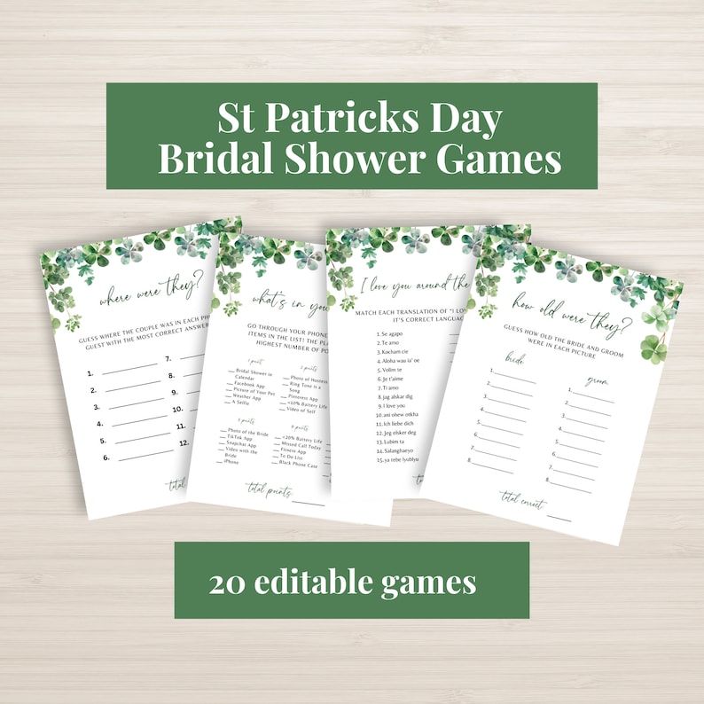 shamrock bridal shower editable games, st patricks day bridal shower games, printable games bundle, green bridal shower games image 5