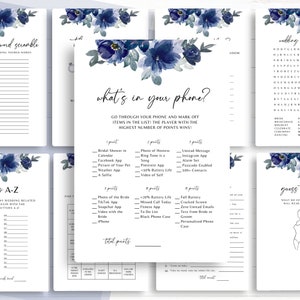 Blue Floral Bridal Shower Games, Printable Bridal Shower Games, 20 editable Wedding Shower Games, Dark Blue Shower Games