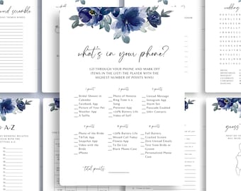 Blue Floral Bridal Shower Games, Printable Bridal Shower Games, 20 editable Wedding Shower Games, Dark Blue Shower Games