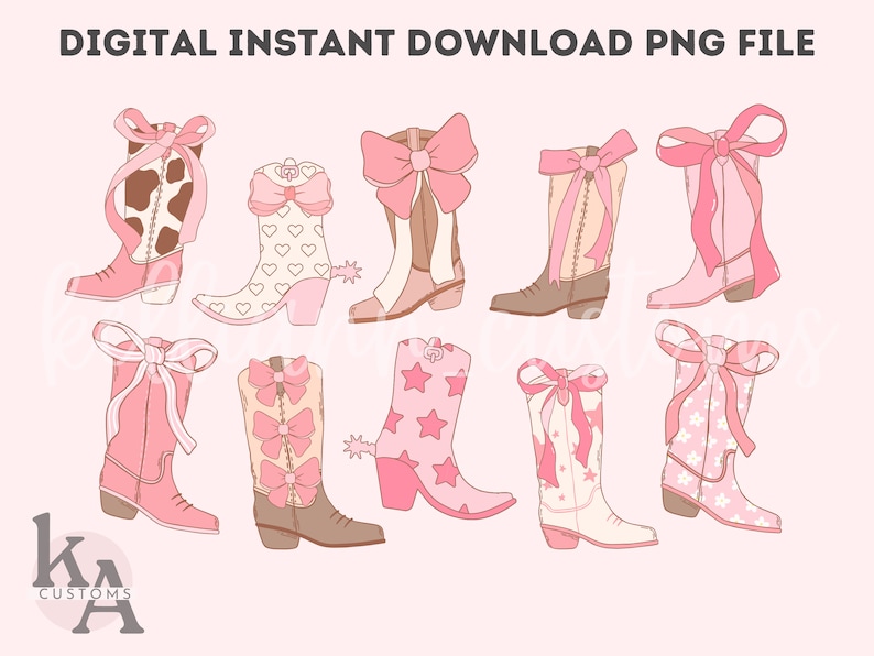 May include: Set of ten pink cowboy boot illustrations with various patterns and bows. The boots are all in a similar style, with a pointed toe and a high heel. The patterns include hearts, stars, and polka dots. The bows are all pink and are tied around the top of the boot.