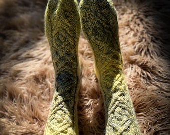 Handknit Yellow Blue Wateree Socks, 100 % Wool Socks, Extra Long. Size 6,5- 7,5.