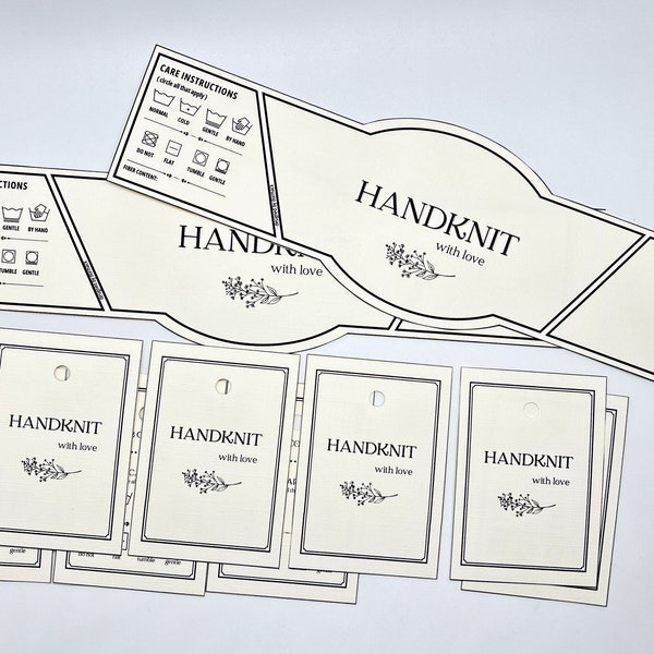 Handknit With Love, conjunto de dos archivos PDF, etiqueta de envoltura y etiquetas de cuidado, etiquetas de tejido imprimibles, etiqueta de lavado de accesorios de punto, PDF de descarga instantánea.