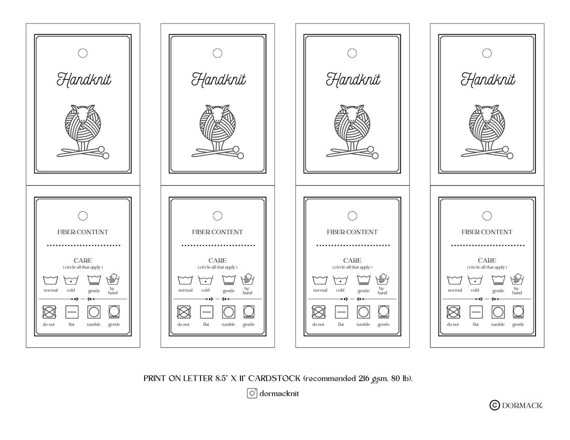 Printable Knitting Labels: Handknit Garment Care Tags, Sheep With ...