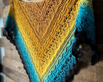 Hand-Crocheted Ombré Shawl, Merino Wool-Cotton Triangle Wrap, Luxury Crochet Scarf, Lace Boho Shawl