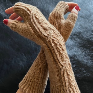May include: A pair of brown fingerless gloves with a cable knit pattern. The gloves are made of a soft, warm material and are perfect for keeping your hands warm in the winter.