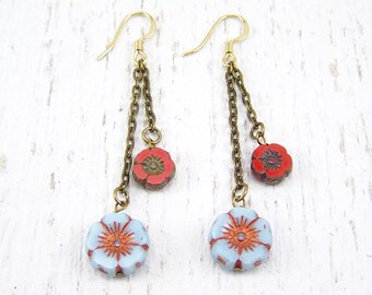 Flower Bead Earrings, Dangly Turquoise Earrings, Dangly Red Earrings, Dangly Czech Glass, Hawaii Earrings, Hibiscus Earrings