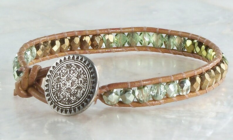 Leather Wrap Bracelet, Chan Luu Inspired Bracelet, Bohemian Bracelet, Woven Bracelet, Czech Glass Bracelet, Boho Bracelet, Vaci Bracelet Rainforest Green