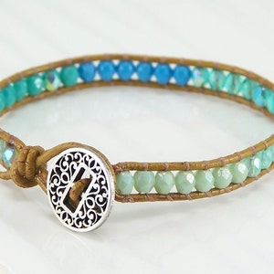 Leather Wrap Bracelet, Chan Luu Inspired Bracelet, Bohemian Bracelet, Woven Bracelet, Czech Glass Bracelet, Boho Bracelet, Vaci Bracelet Aqua